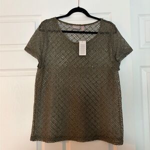 Chico's Olive Green Crochet Short Sleeve Knit Shirt Size 2